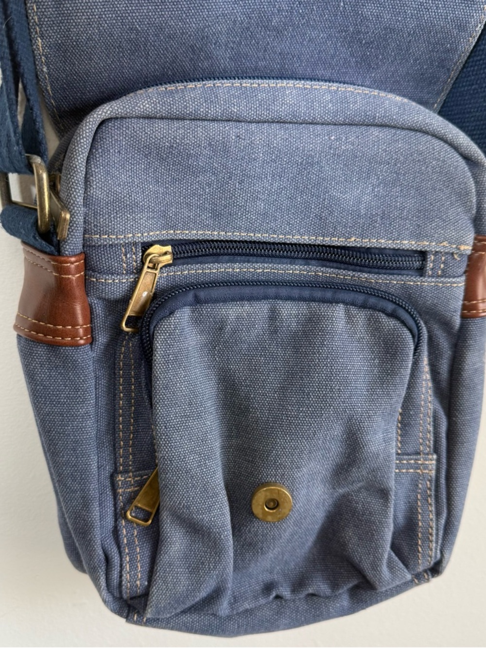 Prairie Schooner Triple Tree Blue Canvas Crossbody Messenger Bag Leather Trim - Picture 5 of 9